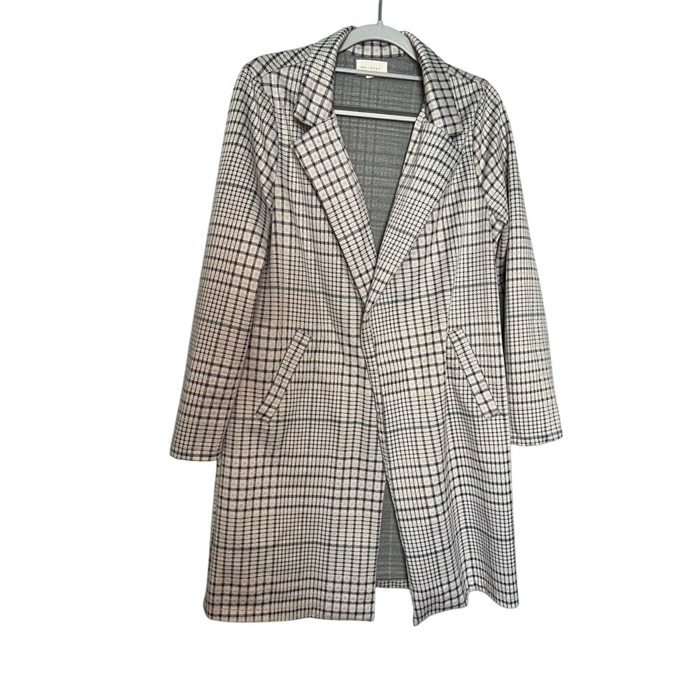 Melloday plaid notch lapel open front jacket in grey